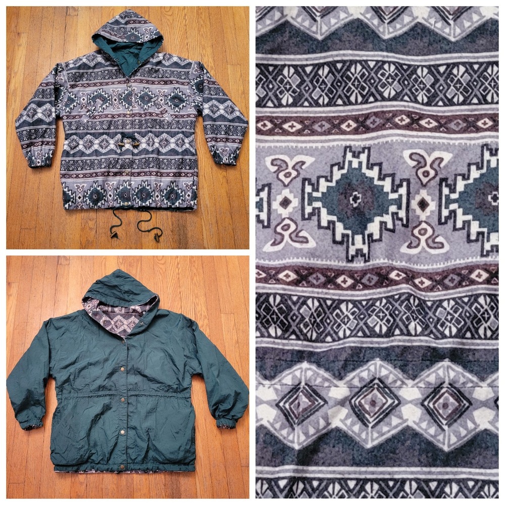 Casual Club S Reversible Hooded Jacket Green Grey Aztec‎ Fleece Windbreaker Boho